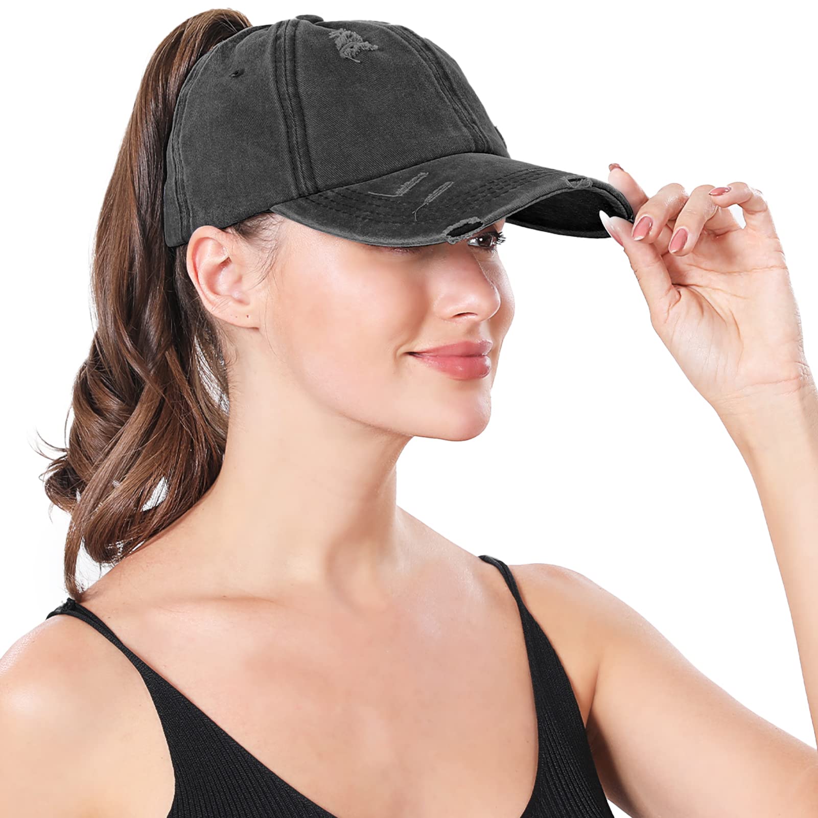 Women Criss Cross Ponytail Baseball Cap High Messy Buns Ponycaps Adjustable Distressed Dad Trucker Hat for Outdoor Sports Black