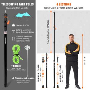 Tent Poles for Tarp, CAMULAND Telescoping Camping Gear Accessories Stakes for Hammock Rain Fly Sun Shade Adjustable Lightweight Aluminum Set of 34.5" - 110.2" Hiking, Awning/Outdoor with Carry Bag