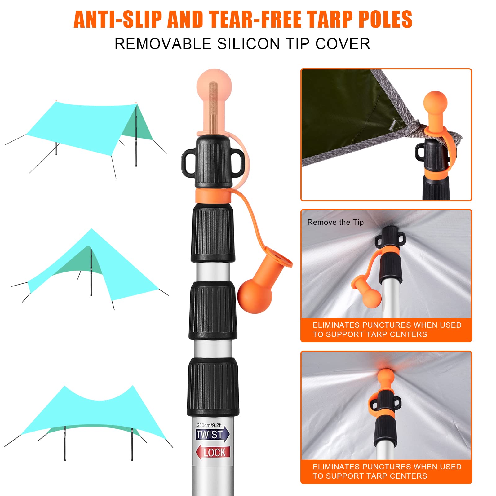 Telescoping Tarp Poles, CAMULAND Tent Poles for Tarp Camping Gear Accessories Stakes Hammock Rain Fly Adjustable Lightweight Aluminum Set of 34.5" - 110.2" Hiking, Awning/Outdoor with Carry Bag