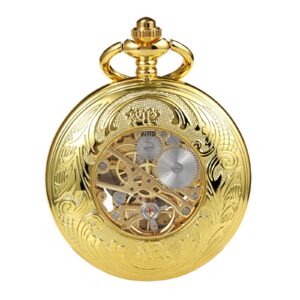 TREEWETO Men's Mechanical Roman Numerals Dial Sun and Moon Skeleton Gold Case Pocket Watches with Box and Chains for Mens Women