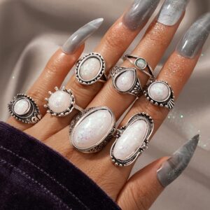 Octwine 8Pcs Silver Bohemian Statement Knuckle Rings Oval White Geometry Crystal Rhinestones Rings Stackable Rings Stacking Ring Jewelry for Women