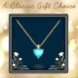 MIDDLUX Gold Heart Necklace, Charm Necklace, March Birthstone Jewelry, March Birthstone Necklace, Aquamarine Necklace, March Birthday Gifts for Women