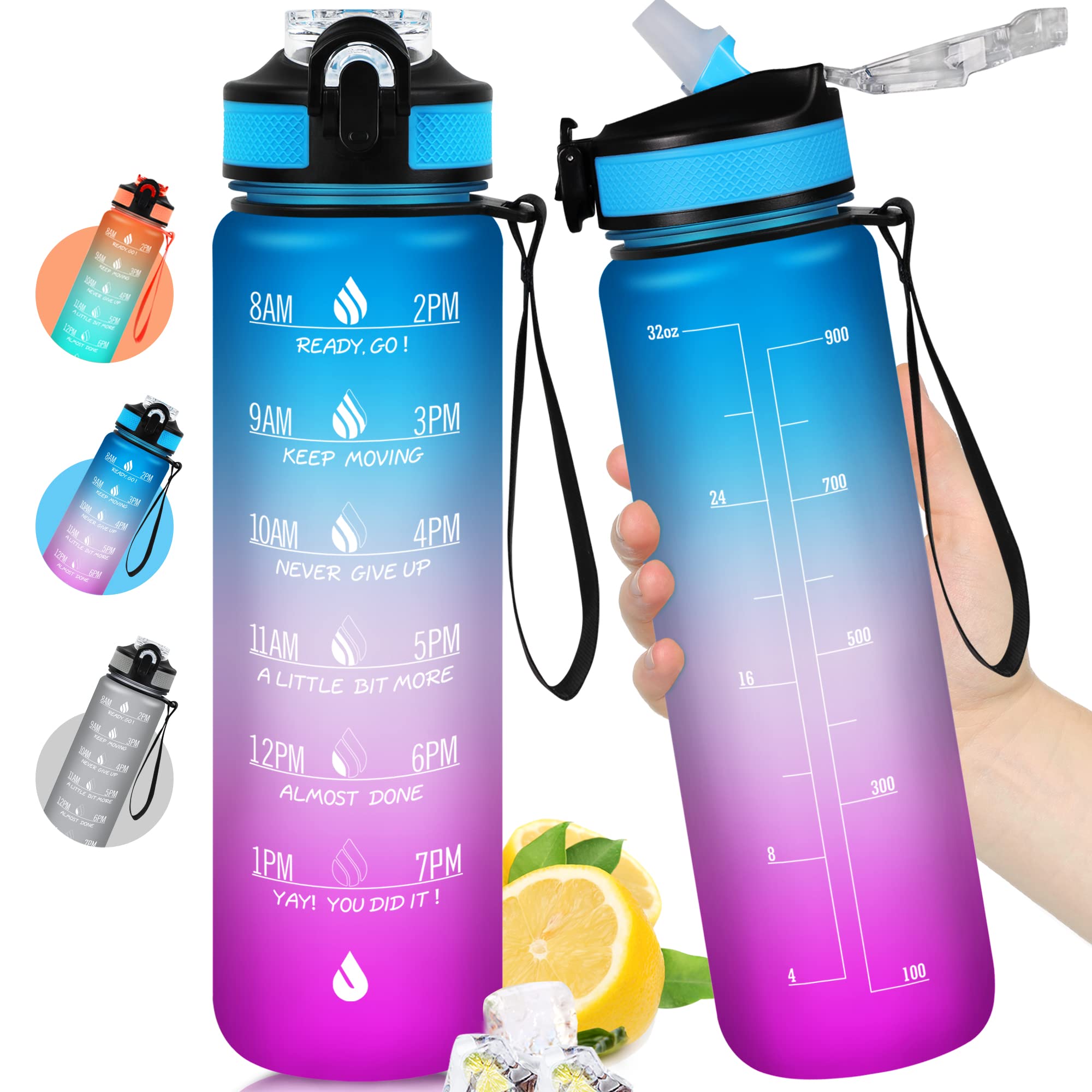 ZOMAKE 32oz Water Bottles with Straw & Time Marker,Motivational Water Bottle with BPA Free Non-Toxic Tritan Material, Leakproof Water Jug for Fitness Sports