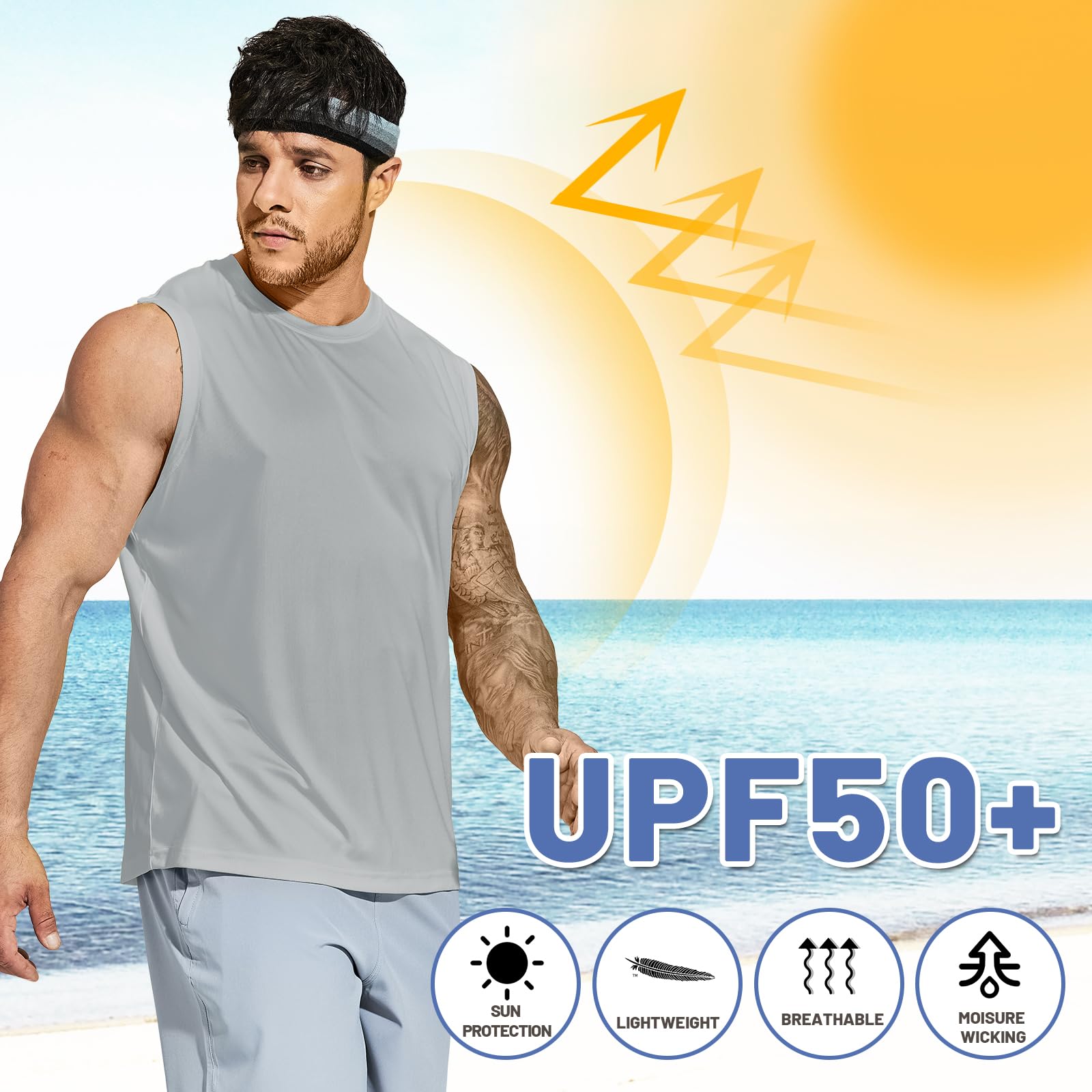 MIER Men's Lightweight UPF 50+ Sleeveless Bodybuilding Tank Tops Breathable Fishing Hiking Shirts UV-Proof Ultralight Workout Muscle Tee, Black/Navy/Light Gray, L