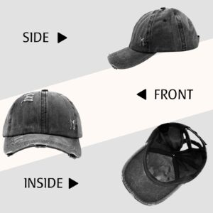 Women Criss Cross Ponytail Baseball Cap High Messy Buns Ponycaps Adjustable Distressed Dad Trucker Hat for Outdoor Sports Black