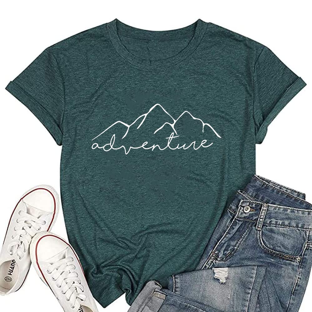 Adventure Mountain for Women Funny Cotton Short Sleeve Print Letter Loose Casual Hiking Athletic Workout Tee Tops, Green XL