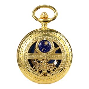 TREEWETO Men's Mechanical Roman Numerals Dial Sun and Moon Skeleton Gold Case Pocket Watches with Box and Chains for Mens Women