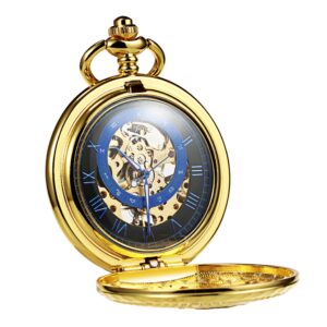 TREEWETO Men's Mechanical Roman Numerals Dial Sun and Moon Skeleton Gold Case Pocket Watches with Box and Chains for Mens Women