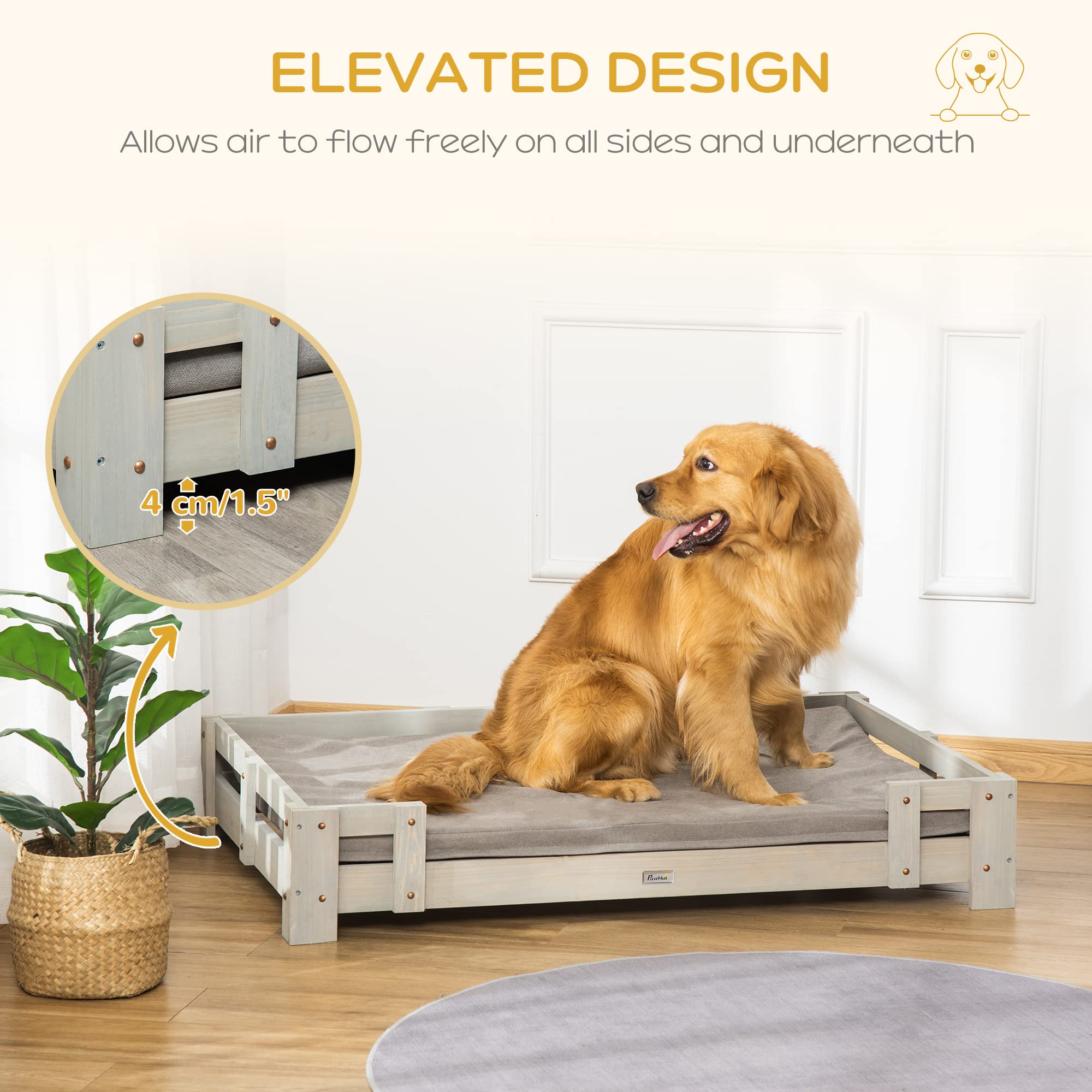 PawHut Large Dog Bed with Soft Foam Cushion, Wooden Dog Couch with Roomy Surface, Elevated, Slate Gray