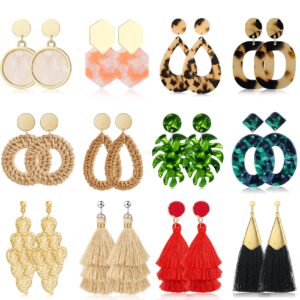 honsny 12 pairs clip on earrings for women fashion rattan tassel earrings set bohemian acrylic gold statement non piercing drop dangle exaggerated earrings for women