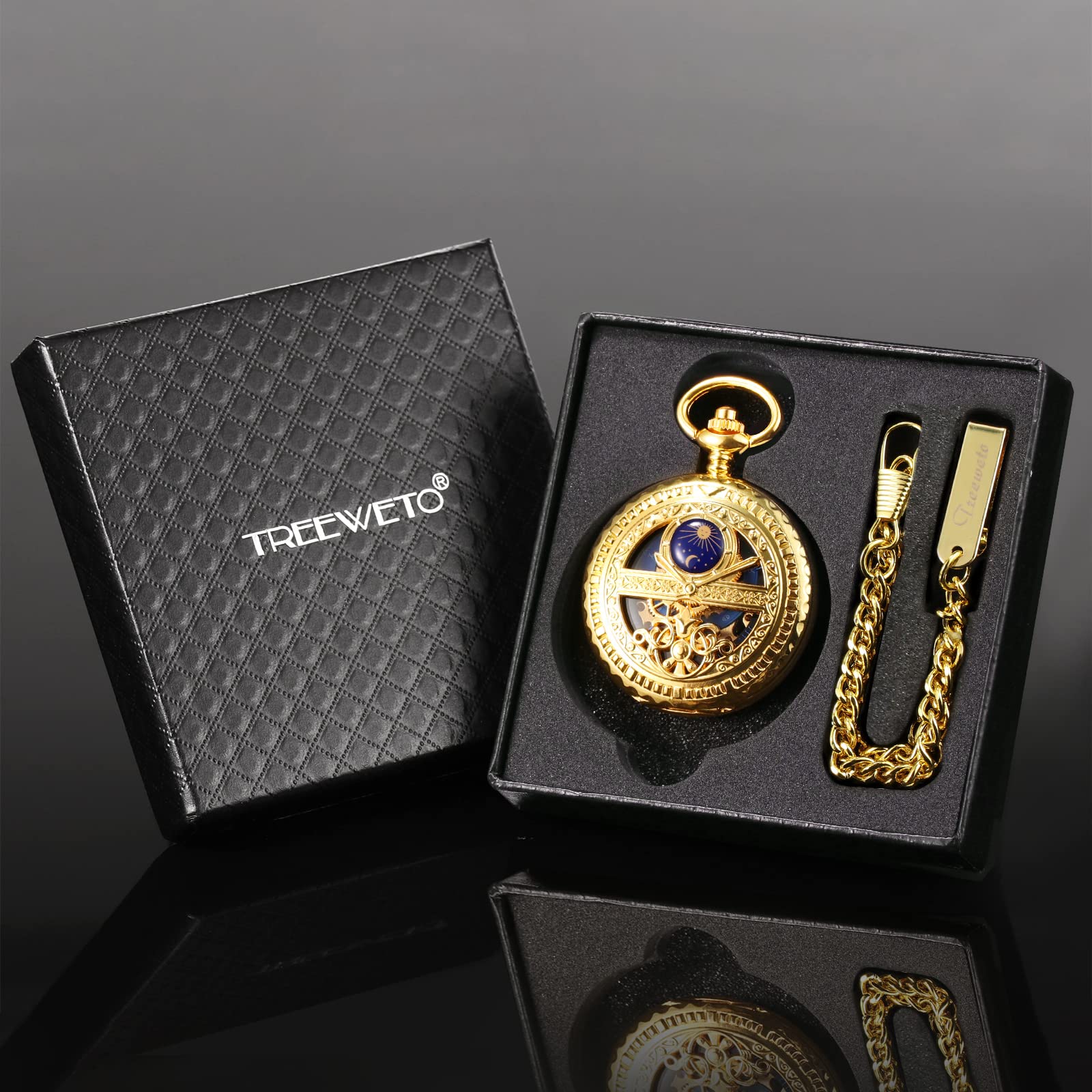 TREEWETO Men's Mechanical Roman Numerals Dial Sun and Moon Skeleton Gold Case Pocket Watches with Box and Chains for Mens Women