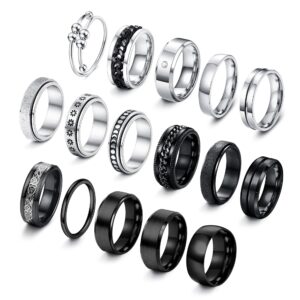 IRONBOX 16Pcs Stainless Steel Band Rings for Men Women Fidget Rings for Anxiety Cool Spinner Chain Rings Weddings Promise Band Rings Mens Rings Pack