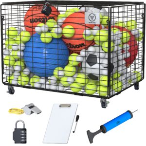 vitalous ball cart – rolling storage, lockable lid, ball cage for garage or gym, sports equipment organizer, multi ball storage, metallic, indoor and outdoor