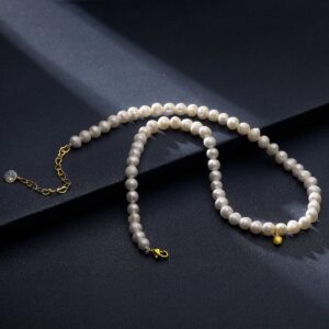 Round White Freshwater Pearl Necklace for Women Men Dainty Gold Pearl Choker Necklace with Charms Cultured Simple Pearl Drop Necklace Brides Jewelry-Gold Charm