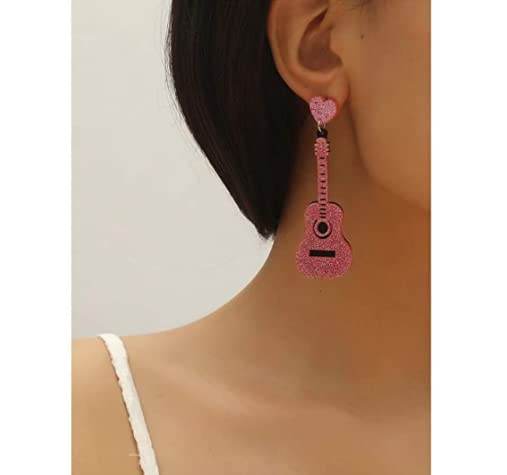 Acrylic Classical Guitar Dangle Earrings Vintage Punk Renaissance Music Guitar Violin Long Drop Earrings for Women -Pink