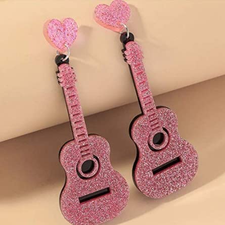 Acrylic Classical Guitar Dangle Earrings Vintage Punk Renaissance Music Guitar Violin Long Drop Earrings for Women -Pink