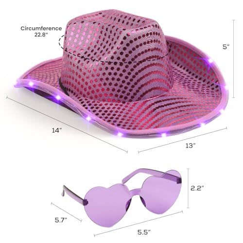 Funcredible Purple Light Up Cowboy Hat and Glasses - Sparkly Disco Cowgirl Hat - Sequin Cowboy Hat for Women - Cowgirl Costumes for Girls