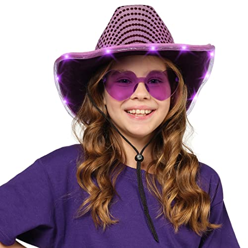 Funcredible Purple Light Up Cowboy Hat and Glasses - Sparkly Disco Cowgirl Hat - Sequin Cowboy Hat for Women - Cowgirl Costumes for Girls