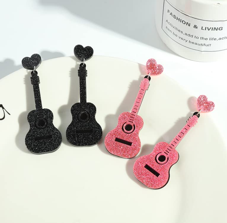 Acrylic Classical Guitar Dangle Earrings Vintage Punk Renaissance Music Guitar Violin Long Drop Earrings for Women -Pink