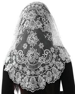 bozidol triangle catholic church mantilla veils for religious christian floral lace scarf shawl veil with hairclips (white)