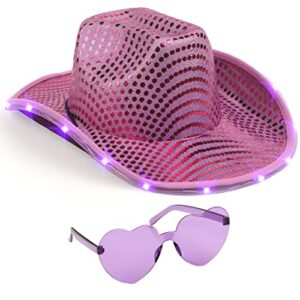 funcredible purple light up cowboy hat and glasses - sparkly disco cowgirl hat - sequin cowboy hat for women - cowgirl costumes for girls