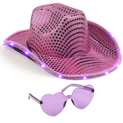 Funcredible Purple Light Up Cowboy Hat and Glasses - Sparkly Disco Cowgirl Hat - Sequin Cowboy Hat for Women - Cowgirl Costumes for Girls