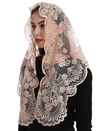 Bozidol Spanish Style Catholic Mass Mantillas Veil for Prayer Floral Orthodox Head Coverings Shawl Chapel Veils (Champagne)