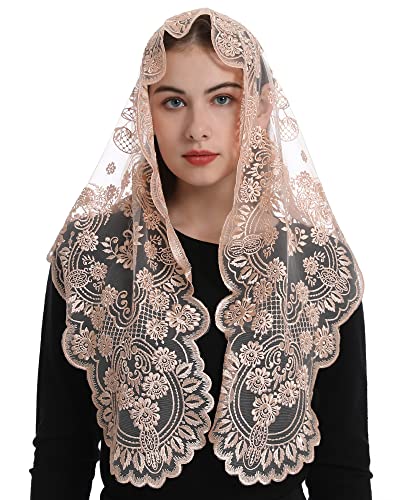 Bozidol Spanish Style Catholic Mass Mantillas Veil for Prayer Floral Orthodox Head Coverings Shawl Chapel Veils (Champagne)