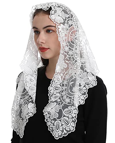 Bozidol Triangle Catholic Church Mantilla Veils for Religious Christian Floral Lace Scarf Shawl Veil with Hairclips (White)