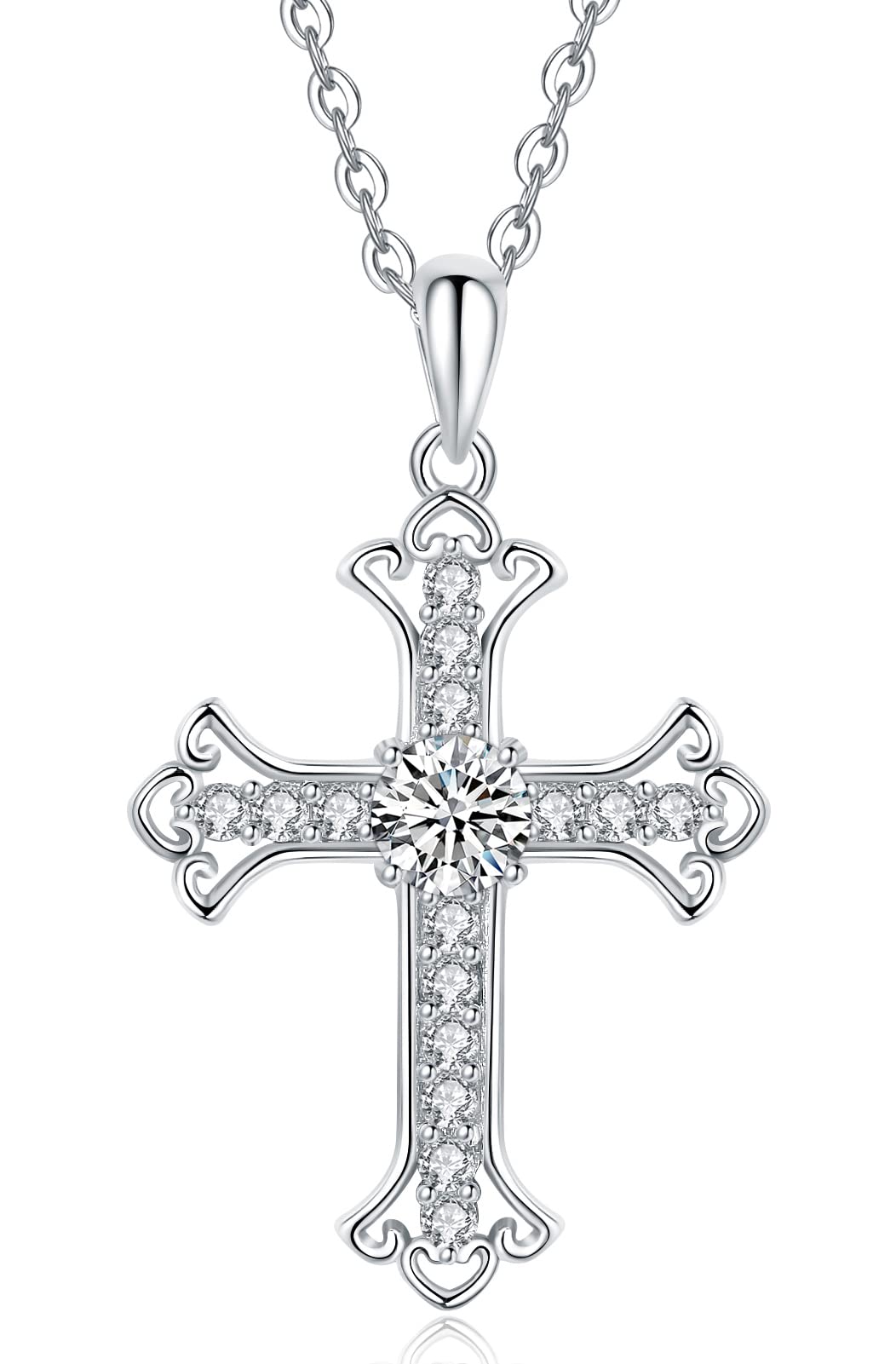 CHIRENMA 925 Sterling Silver Moissanite Cross Pendant Necklace for Women, Silver Women's Cross Necklace, 18"+2" extender chain (cross)