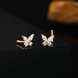 Jewseen 14K Butterfly L-Shape Nose Rings Cubic Zirconia Nose Studs 20G Nose Rings for Women Nose Piercing Jewelry Body Piercing Jewelry