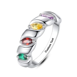 Globart Personalized Engraved Custom Name Sterling Silver Mothers Rings With Birthstones Mother Day Ring for Women Mom Children Daughter 4 Stone Family Grandmother Birthstone Jewelry Grandma Gifts