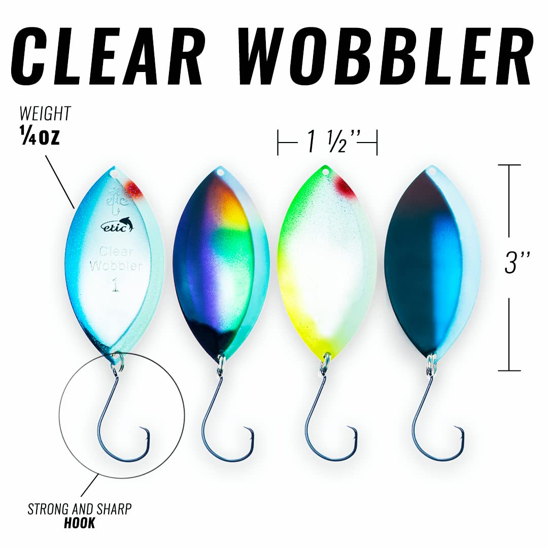 ETIC Clear Wobbler 3", ¼oz Fishing Spoons Kit 100% Made of Brass, 4pcs Fishing Lures, Tackle, Hooks, Baits, Spinning, Casting, Trolling for Trout, Salmon, Pike, Walleye, Bass and Mores