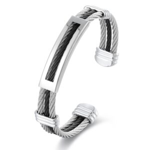 biyongde silver black steel twisted cable cuff bangle bracelet id identify charms, adjustable, mens womens