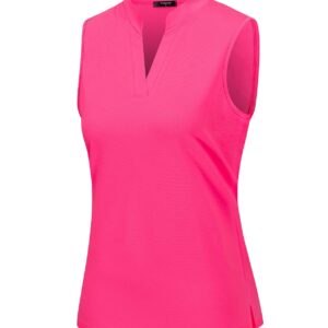 Vidusou Women's Sleeveless Golf & Tennis Polo Shirt - Moisture-Wicking V-Neck Lapel Collar, Rose Red, L