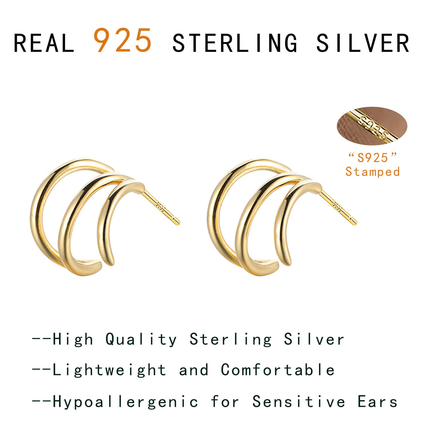 Reffeer Sterling Silver Multi Hoop Earrings Cuff Huggie for Women Teens Wrap Stud Earrings (B-Yellow)