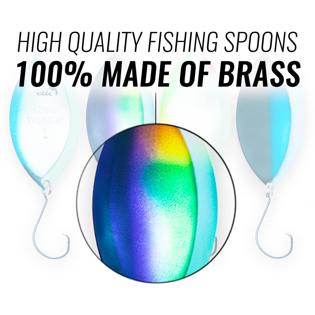 ETIC Clear Wobbler 3", ¼oz Fishing Spoons Kit 100% Made of Brass, 4pcs Fishing Lures, Tackle, Hooks, Baits, Spinning, Casting, Trolling for Trout, Salmon, Pike, Walleye, Bass and Mores