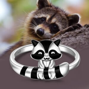 Raccoon Ring for Women Sterling Silver Love Hug Cute Promise Rings Fun Animal Wrap Thumb Finger Raccoon Jewelry Raccoons Christmas Mothers Day Gifts Size 8