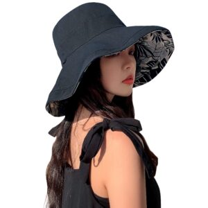 reversible floral sun hats uv protection upf packable wide brim chin strap women (black)