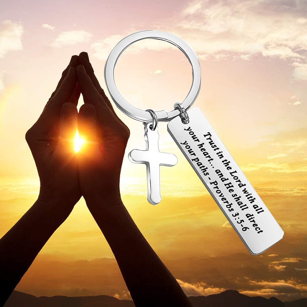 BEKECH Christian Proverbs 3:5-6 Trust in The Lord With All Your Heart Cross Charm Keychain Bible Verse Gift, Trust in the Lord With All Your Heart.. Brown Card, S