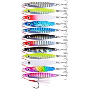 Aorace 12pcs 30g 7.5cm Metal Jigs Saltwater Fishing Lures Jigging Spoon Lures Kit for Long Casting Surf Fishing Slow Vertical Casting Artificial Lead Jigs Assortment for Bass Sea Trout