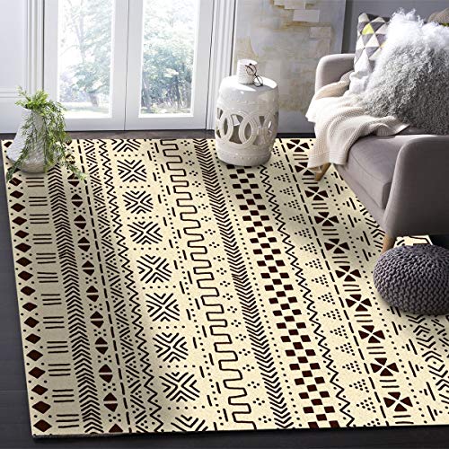 YOKOU Indoor Area Rugs, Geometric Pattern Arrica Traditional Culture Brown Beige Non-Slip Rectangle Accent Area Rug for Bedroom Living Room Kids Room Play Room 5'x8'