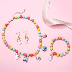 Rainbow Beads Bunny Egg Pendant Necklace and Bracelet for Women Girls, Colorful Beaded Stretch Bracelet, Cute Enamel Rabbit Drop Earrings, Little Girls Jewelry Sets, Holiday Favors Gift for Girls,