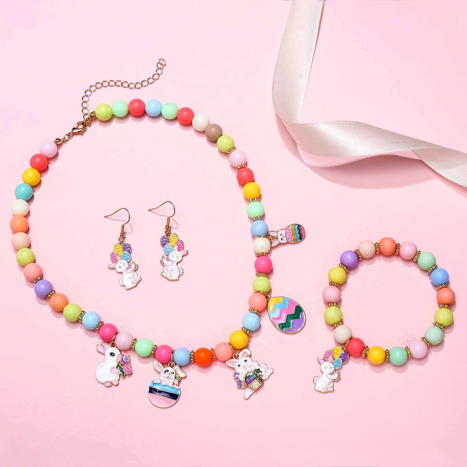 Rainbow Beads Bunny Egg Pendant Necklace and Bracelet for Women Girls, Colorful Beaded Stretch Bracelet, Cute Enamel Rabbit Drop Earrings, Little Girls Jewelry Sets, Holiday Favors Gift for Girls,