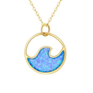 sisgem solid 14k gold wave necklace for women, real gold opal ocean wave pendant necklace sea surfing circle jewelry birthday for her, 16''-18''