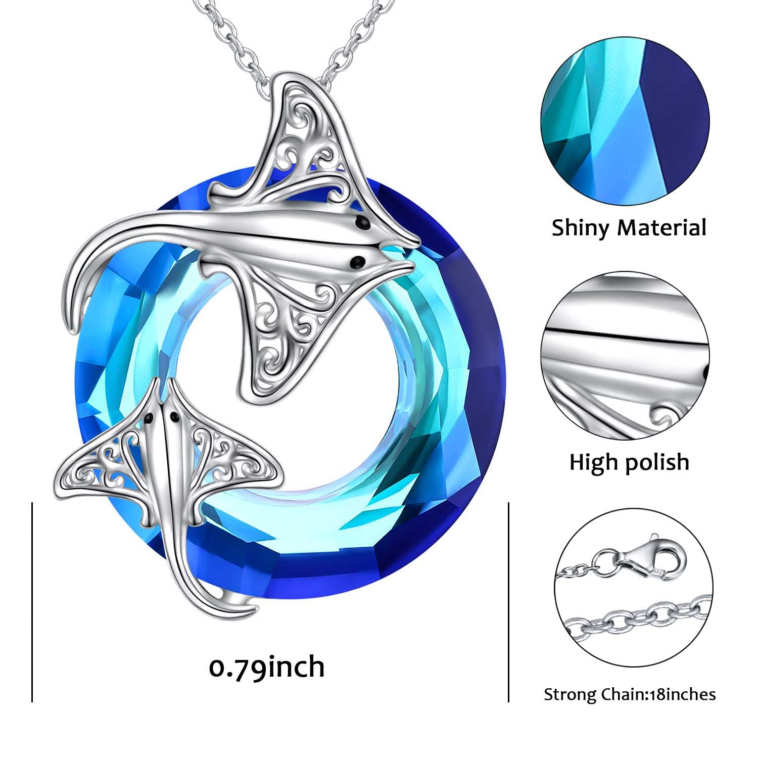 Ladytree Stingray Necklaces for Stingray Lover Sterling Silver Manta Ray Blue Circle Crystal Necklace Ocean Animal Jewelry for Women Mother from Daughter Son