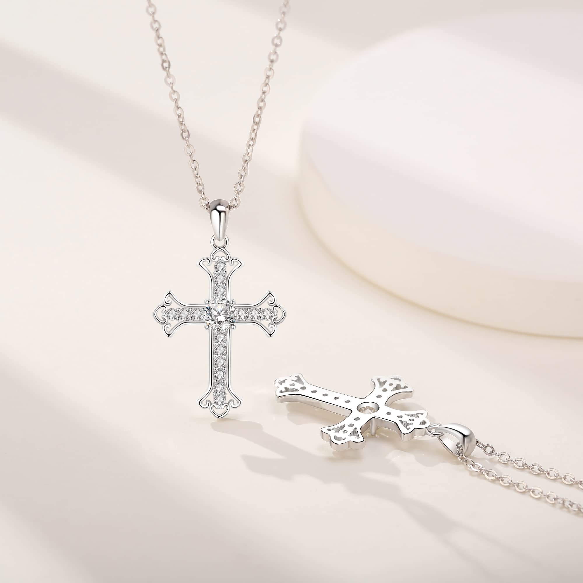 CHIRENMA 925 Sterling Silver Moissanite Cross Pendant Necklace for Women, Silver Women's Cross Necklace, 18"+2" extender chain (cross)