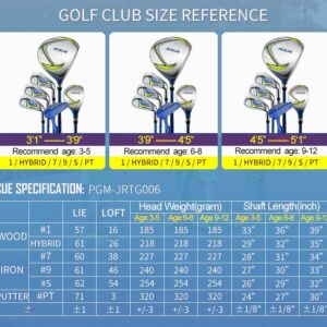 PGM Junior Golf Club Complete Set Includes Driver, Hybrid, 7, 9, Wedge Irons, Putter, Stand Bag Right Handed for Children Kids 6-8, 6 Pieces Youth Golf Clubs with 2 Headcovers for Boys & Girls