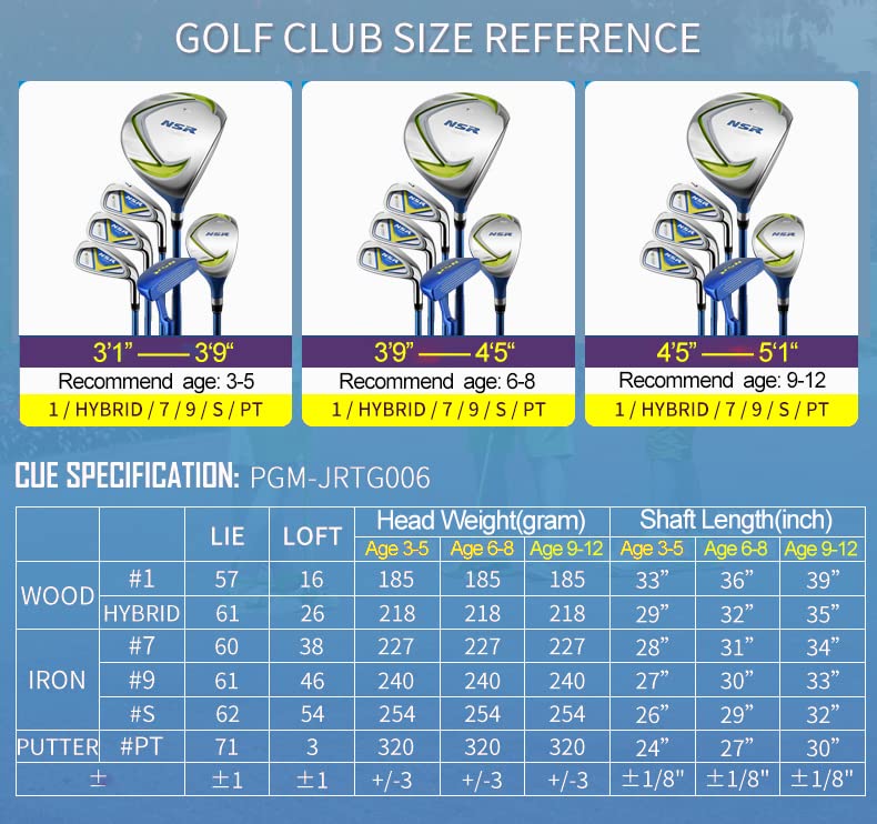 PGM Junior Golf Club Complete Set Includes Driver, Hybrid, 7, 9, Wedge Irons, Putter, Stand Bag Right Handed for Children Kids 6-8, 6 Pieces Youth Golf Clubs with 2 Headcovers for Boys & Girls