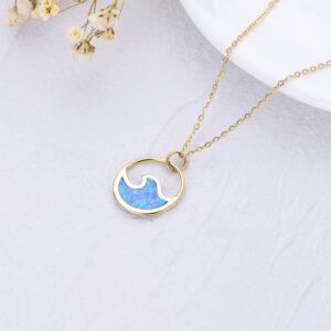 SISGEM Solid 14K Gold Wave Necklace for Women, Real Gold Opal Ocean Wave Pendant Necklace Sea Surfing Circle Jewelry Birthday for Her, 16''-18''